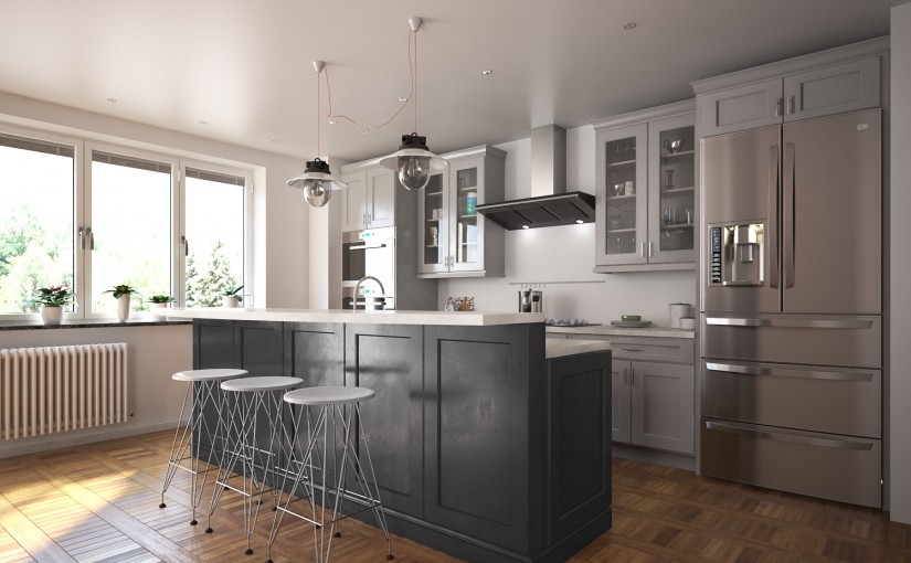 Society Shaker Steel Gray with Black Island – Willow Lane Cabinetry