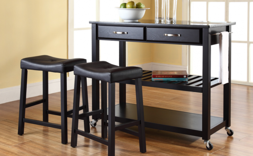 Solid Black Granite Top Kitchen Cart/Island with 24" Upholstered Saddle Stools - Willow Lane Cabinetry